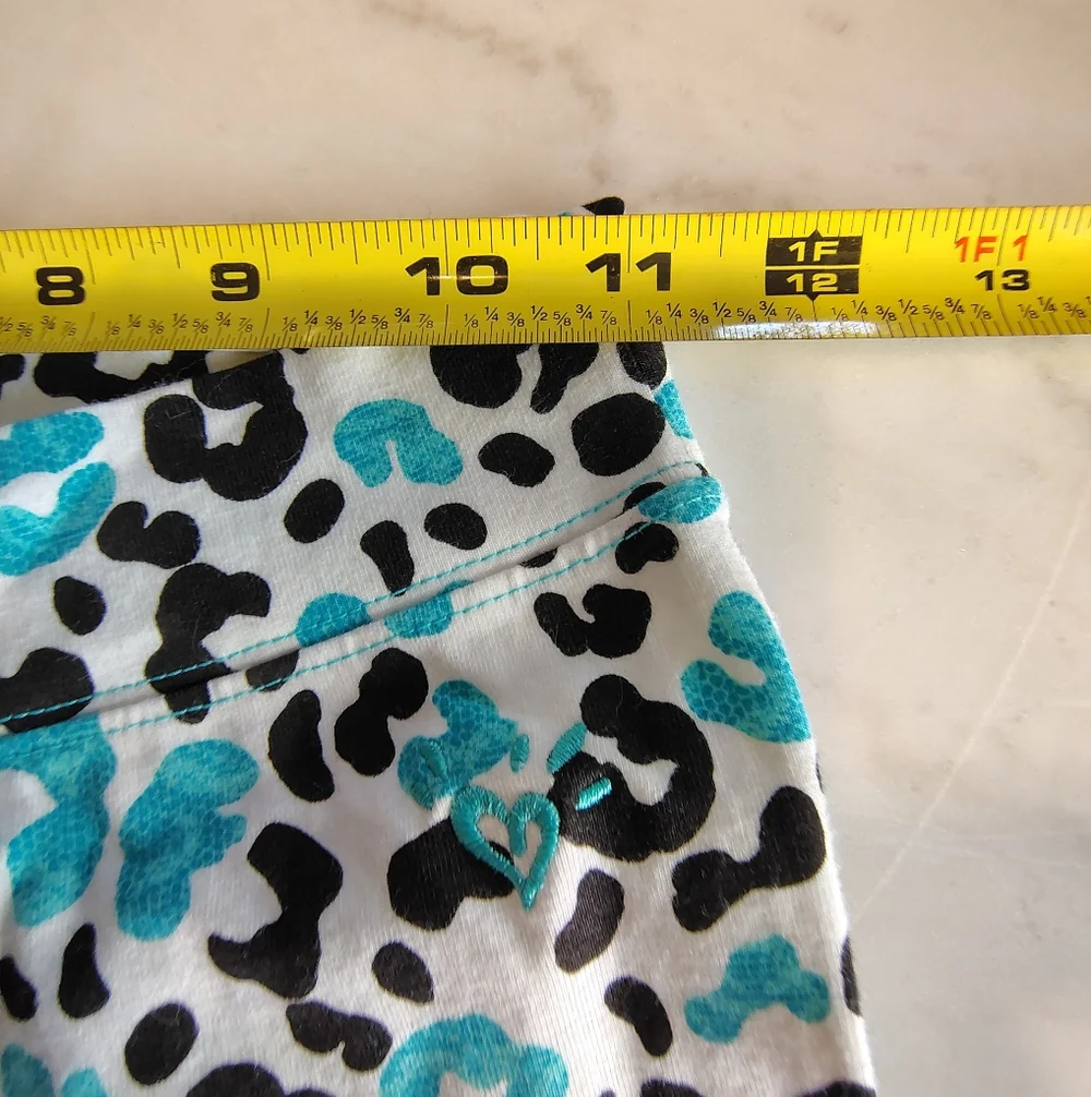 Justice Aqua Black White Leopard Print Lace Hemmed Capri Leggings Size 14 Girls